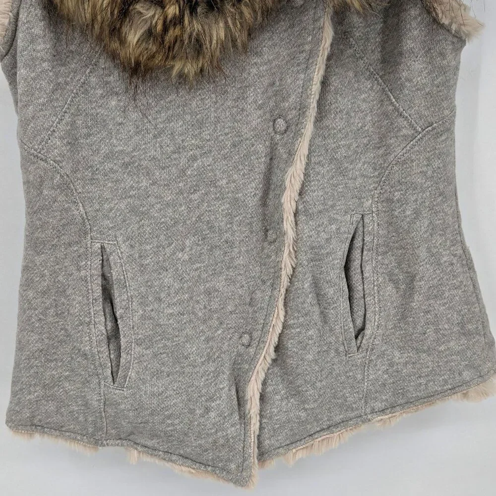 Dylan by True Grit Vest Faux Fur Collar Gray Button Front Winter Cozy XS